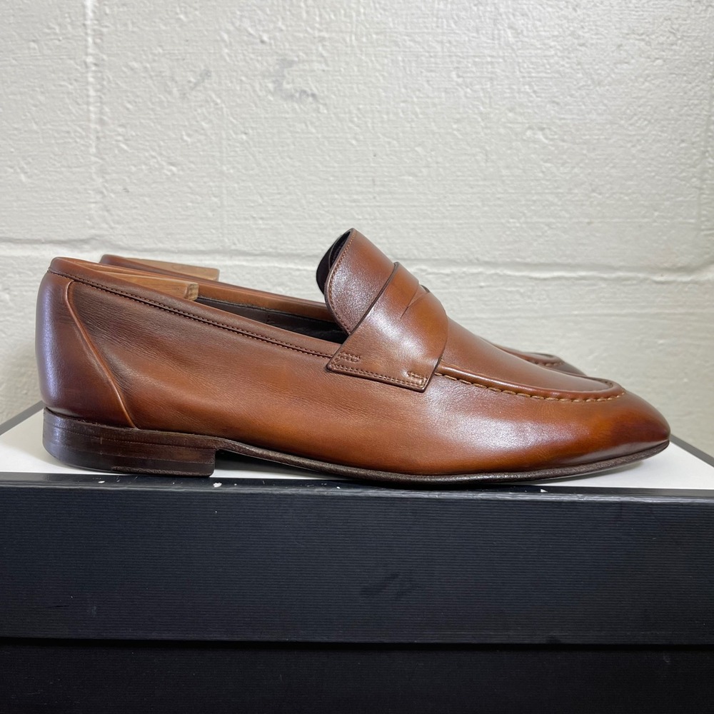 Santoni 552631 Brown Leather Penny Loafer Dress Shoes Slip On Men's Size 8.5